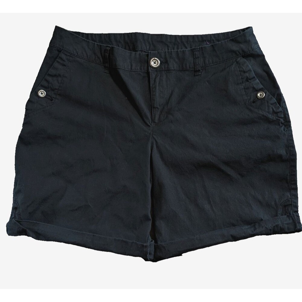 Lane Bryant Button Tab Roll Cuff Black Cotton Stretch Bermuda Shorts Size 14